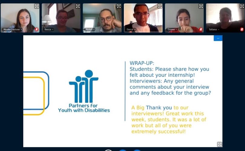Screenshot of a PYD webinar, with PYD staff sharing their webcams and a slide displaying the PYD logo and a "wrap up activity" prompt