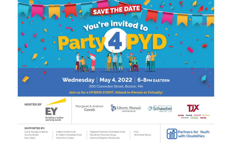 Blue graphic that says, "You're invited to Party 4 PYD"