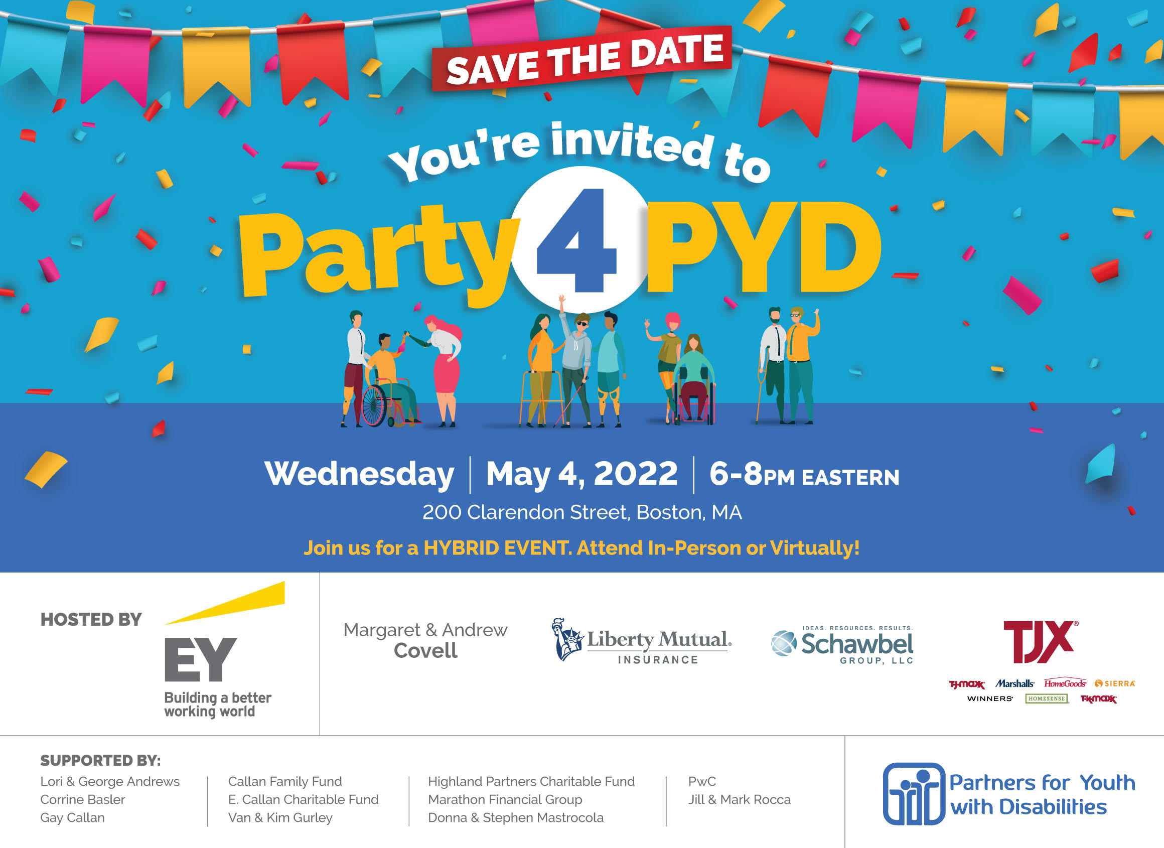 You're invited to Party for PYD on Wednesday, May 4th, 2022 from 6-8pm Eastern. Join us for a hybrid event: attend in-person or virtually!