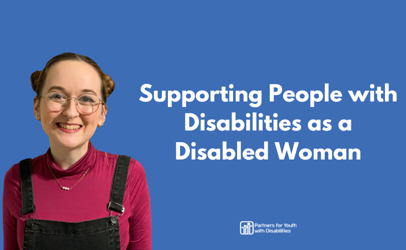 Susannah in a pink turtleneck with the text of supporting people with disabilities as a disabled woman